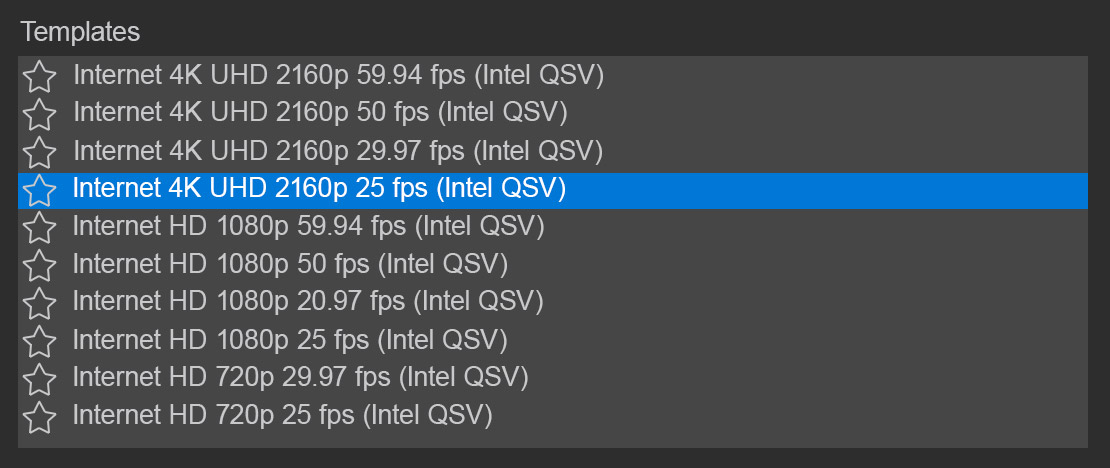 Codec templates and choices in the render options box